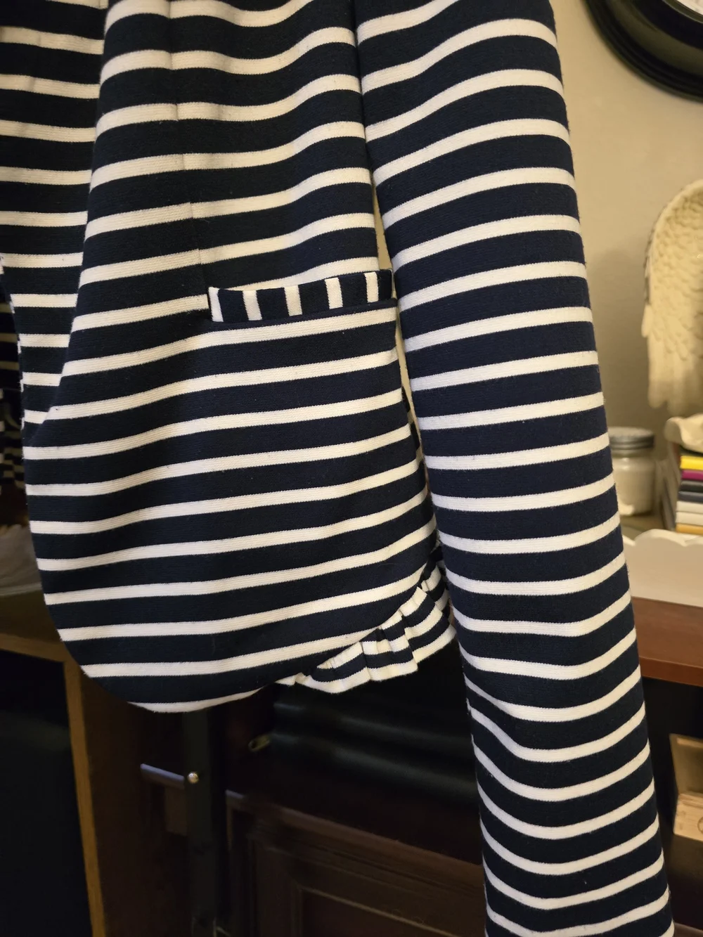 Maison Jules Navy White Striped Ruffle Hem Knit Blazer Preppy Career Size M